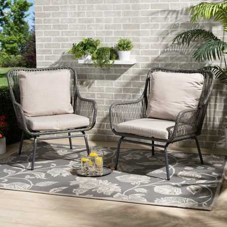 BAXTON STUDIO Dermot Modern Beige Fabric and Grey Synthetic Rattan Upholstered Patio Chair, PK2 202-2PC-12308